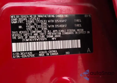 2015 Toyota Rav4 Xle z USA, uszkodzony, nr VIN 2T3WFREV1FW176979